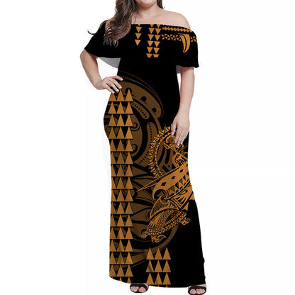 Hawaii Polynesian Warrior Kakau Off Shoulder Long Dress Gold