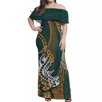 Hawaiian Shark Polynesian Off Shoulder Long Dress Vibe Green Style