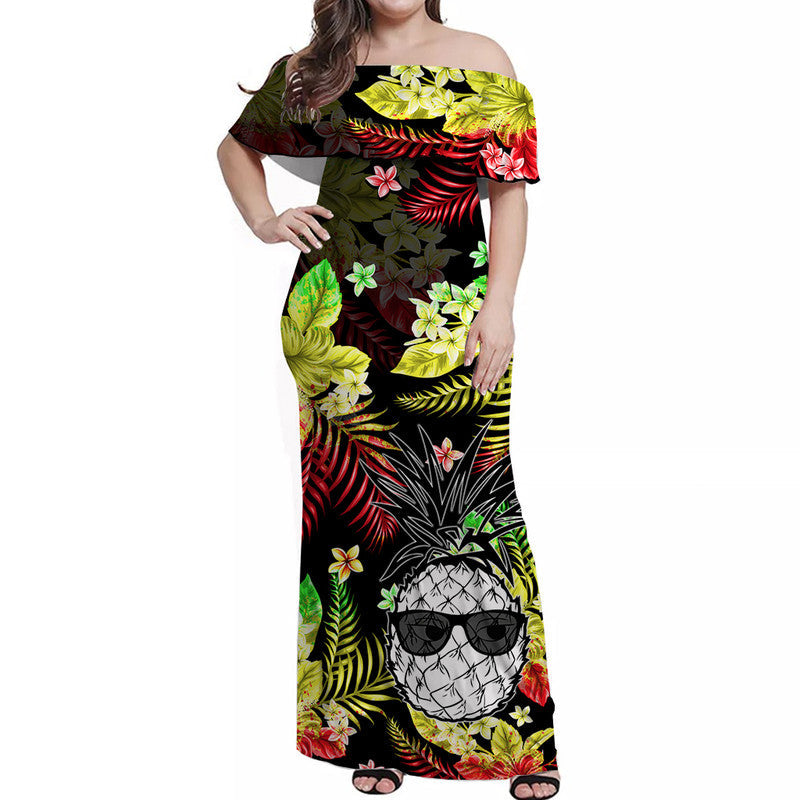 Hawaii Summer Colorful Off Shoulder Long Dress Pineapple Reggage