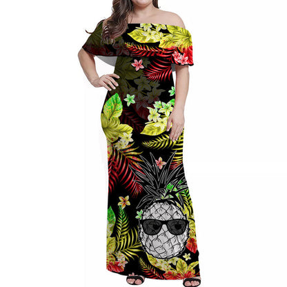 Hawaii Summer Colorful Off Shoulder Long Dress Pineapple Reggage