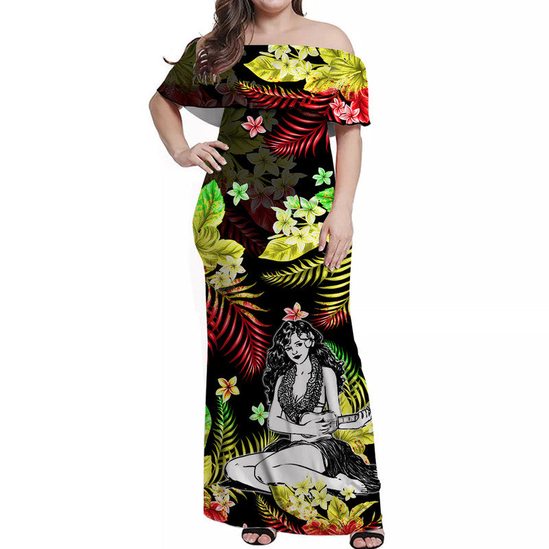 Hawaii Summer Colorful Off Shoulder Long Dress Hula Girl Reggage