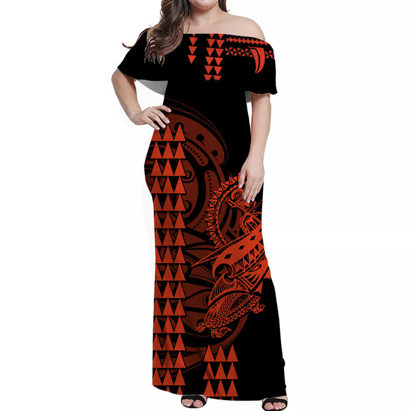 Hawaii Polynesian Warrior Kakau Off Shoulder Long Dress Orange