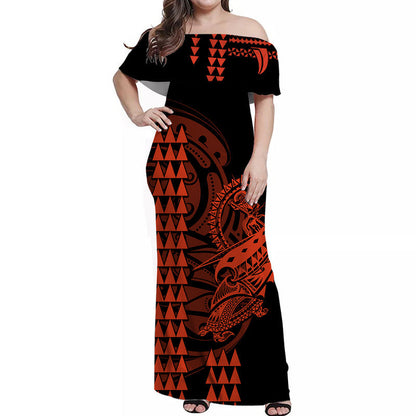Hawaii Polynesian Warrior Kakau Off Shoulder Long Dress Orange