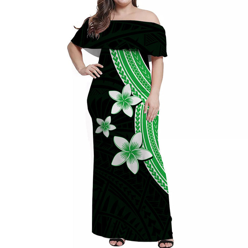 Polynesian Off Shoulder Long Dress With Plumeria Flower Green