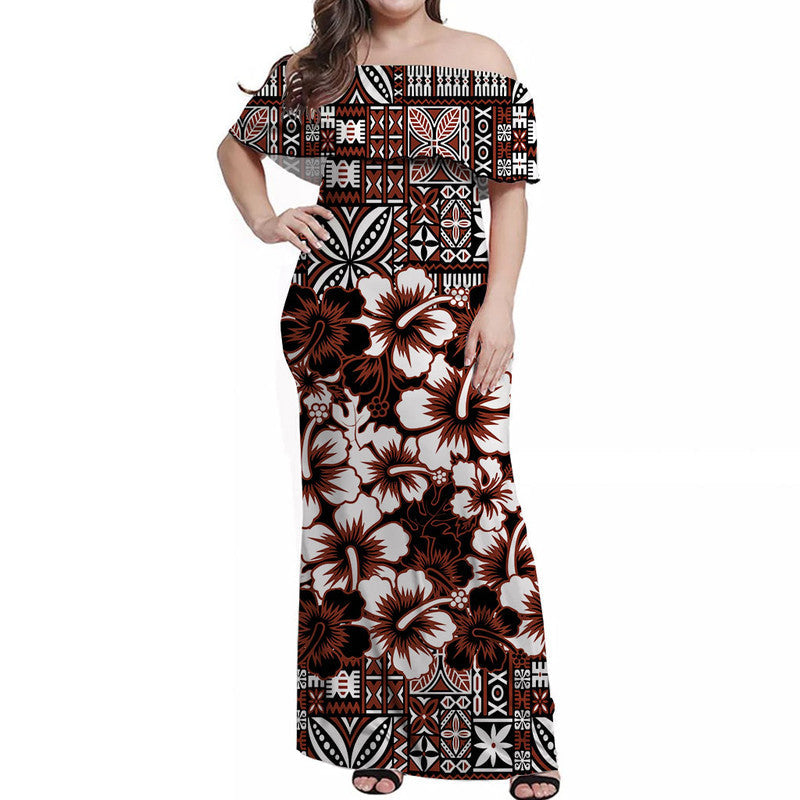 Fiji Hibiscus Festival Off Shoulder Long Dress Brown
