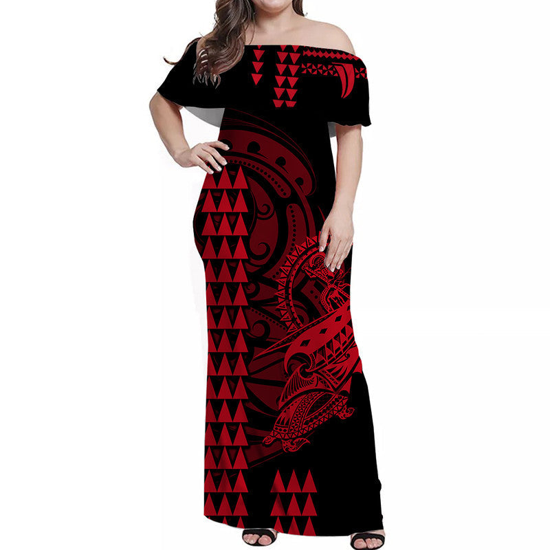 Hawaii Polynesian Warrior Kakau Off Shoulder Long Dress Red