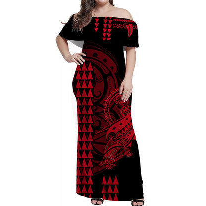 Hawaii Polynesian Warrior Kakau Off Shoulder Long Dress Red