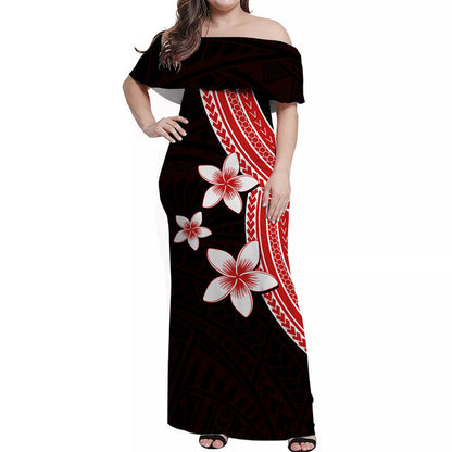 Polynesian Off Shoulder Long Dress With Plumeria Flower Red