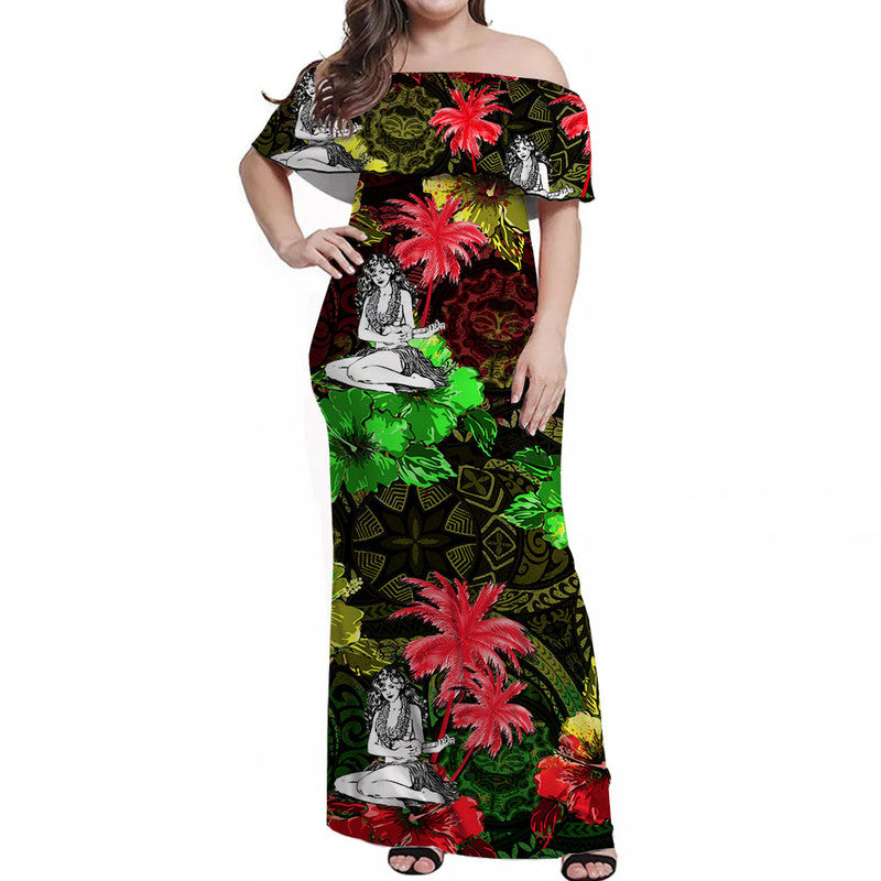 Off Shoulder Long Dress Hawaii Summer Hula Girl No.1