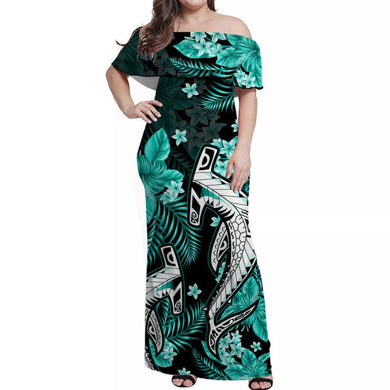 Hawaii Summer Colorful Off Shoulder Long Dress Shark Turquesa