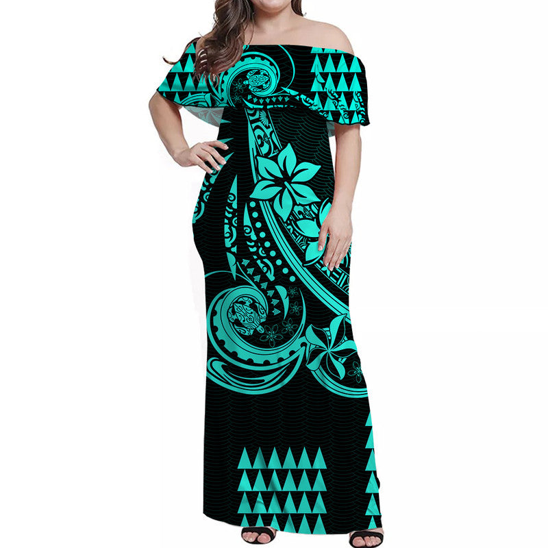 Kakau Hawaiian Polynesian Off Shoulder Long Dress Turquoise Green