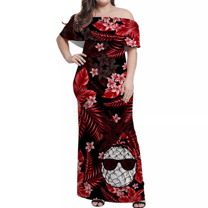 Hawaii Summer Colorful Off Shoulder Long Dress Pineapple Red