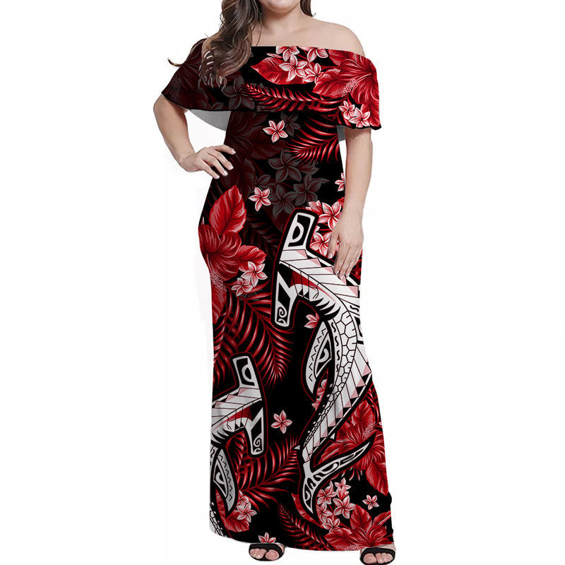 Hawaii Summer Colorful Off Shoulder Long Dress Shark Red
