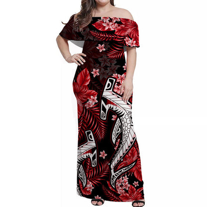 Hawaii Summer Colorful Off Shoulder Long Dress Shark Red
