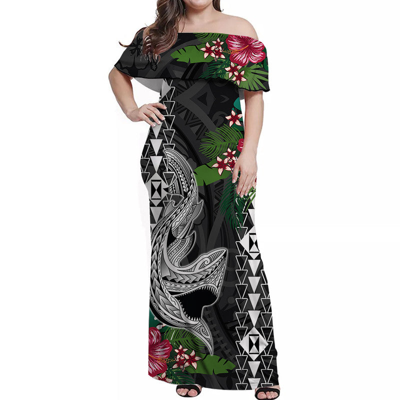 Hawaii Kakau Off Shoulder Long Dress Mix Sharks Polynesian Hibiscus