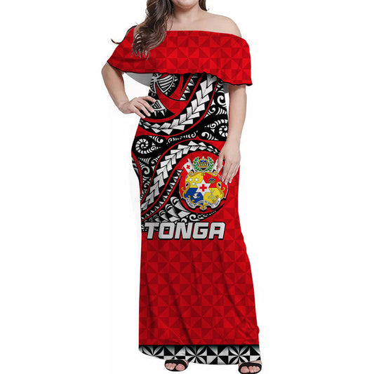Tonga Off Shoulder Long Dress Polynesian Tattoo