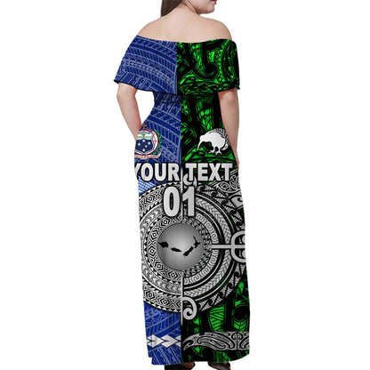 Custom Personalised Samoa And New Zealand Off Shoulder Long Dress Together Green