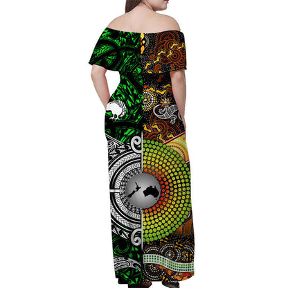New Zealand Maori Aotearoa And Australia Aboriginal Off Shoulder Long Dress Together Green