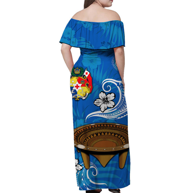 Custom Personalised Tonga Kumete Kava Bowl Off Shoulder Long Dress Sila Vibes Blue