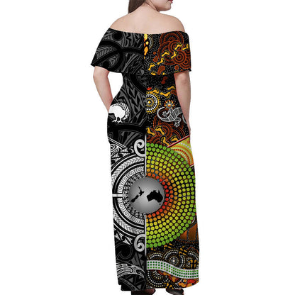New Zealand Maori Aotearoa And Australia Aboriginal Off Shoulder Long Dress Together Black