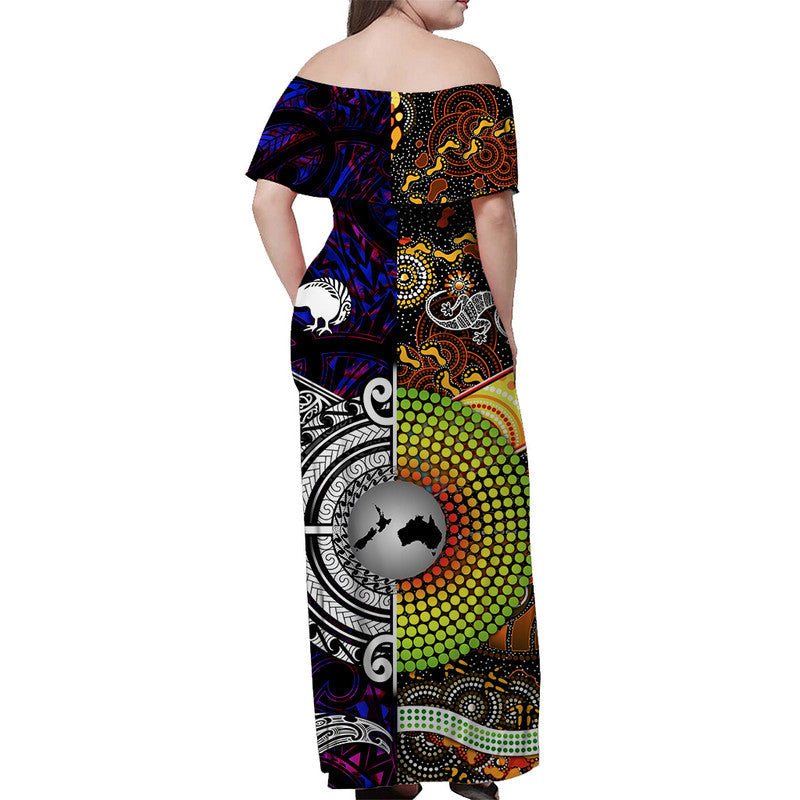 New Zealand Maori Aotearoa And Australia Aboriginal Off Shoulder Long Dress Together Purple