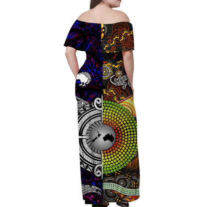 New Zealand Maori Aotearoa And Australia Aboriginal Off Shoulder Long Dress Together Purple