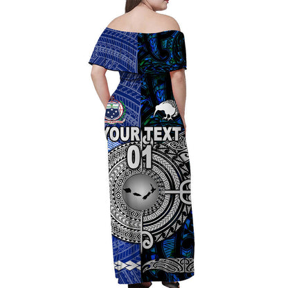 Custom Personalised Samoa And New Zealand Off Shoulder Long Dress Together Blue