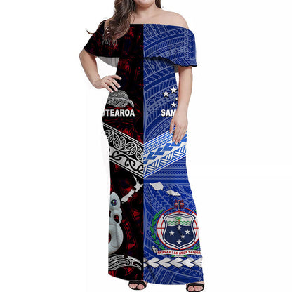 Custom Personalised Samoa And New Zealand Off Shoulder Long Dress Together Red