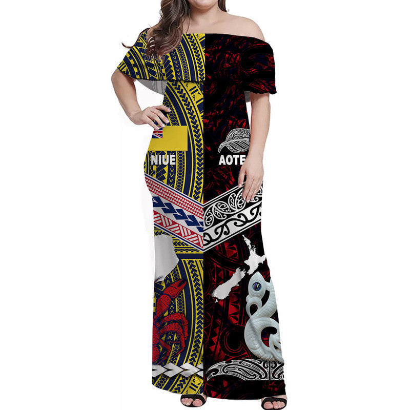 New Zealand And Niue Off Shoulder Long Dress Together Red