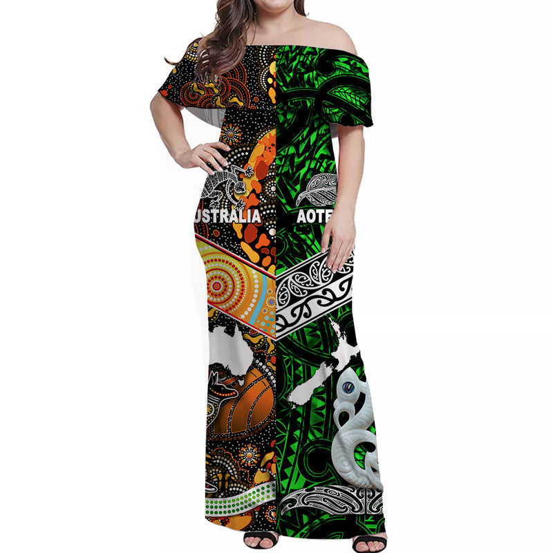 New Zealand Maori Aotearoa And Australia Aboriginal Off Shoulder Long Dress Together Green