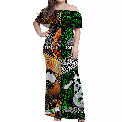 New Zealand Maori Aotearoa And Australia Aboriginal Off Shoulder Long Dress Together Green