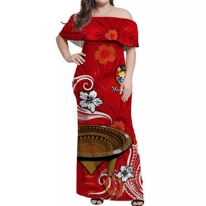 Custom Personalised Tonga Kumete Kava Bowl Off Shoulder Long Dress Sila Vibes Red