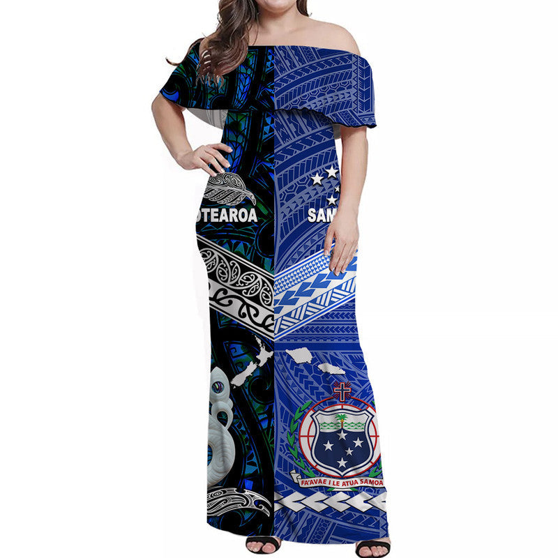 Custom Personalised Samoa And New Zealand Off Shoulder Long Dress Together Blue