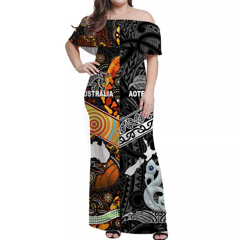 New Zealand Maori Aotearoa And Australia Aboriginal Off Shoulder Long Dress Together Black