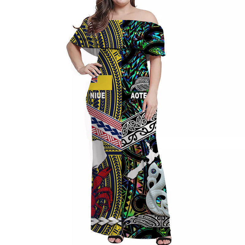 New Zealand And Niue Off Shoulder Long Dress Together Paua Shell