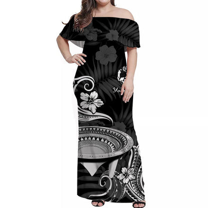 Custom Personalised Tonga Kumete Kava Bowl Off Shoulder Long Dress Sila Vibes Black