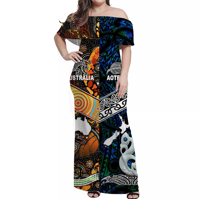 New Zealand Maori Aotearoa And Australia Aboriginal Off Shoulder Long Dress Together Blue