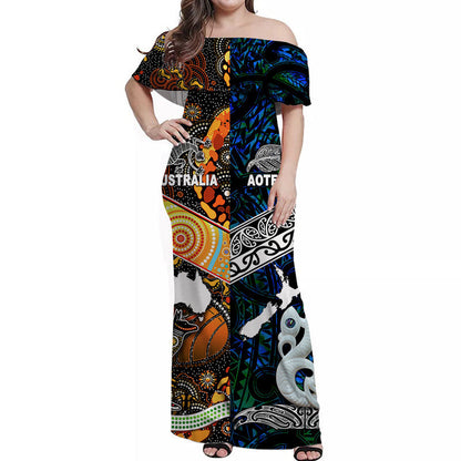New Zealand Maori Aotearoa And Australia Aboriginal Off Shoulder Long Dress Together Blue