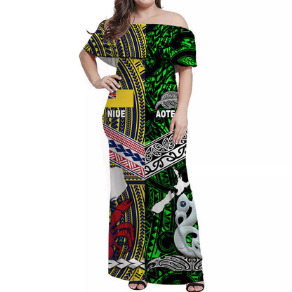 New Zealand And Niue Off Shoulder Long Dress Together Green