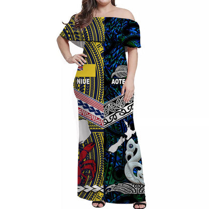 New Zealand And Niue Off Shoulder Long Dress Together Blue