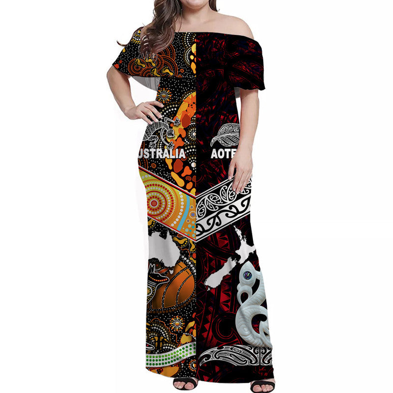 New Zealand Maori Aotearoa And Australia Aboriginal Off Shoulder Long Dress Together Red