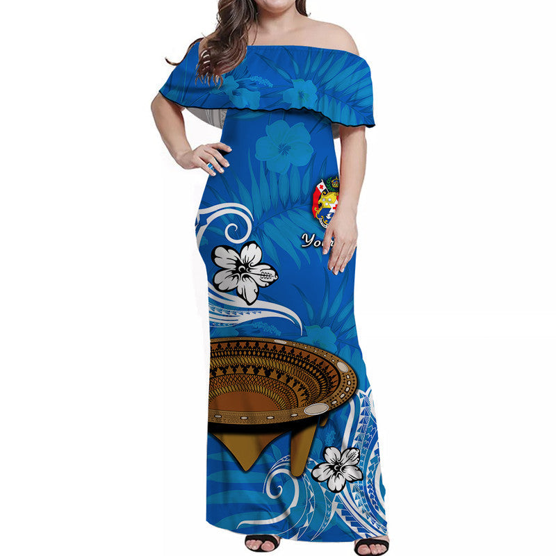 Custom Personalised Tonga Kumete Kava Bowl Off Shoulder Long Dress Sila Vibes Blue