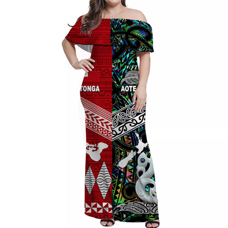 New Zealand And Tonga Off Shoulder Long Dress Together Paua Shell