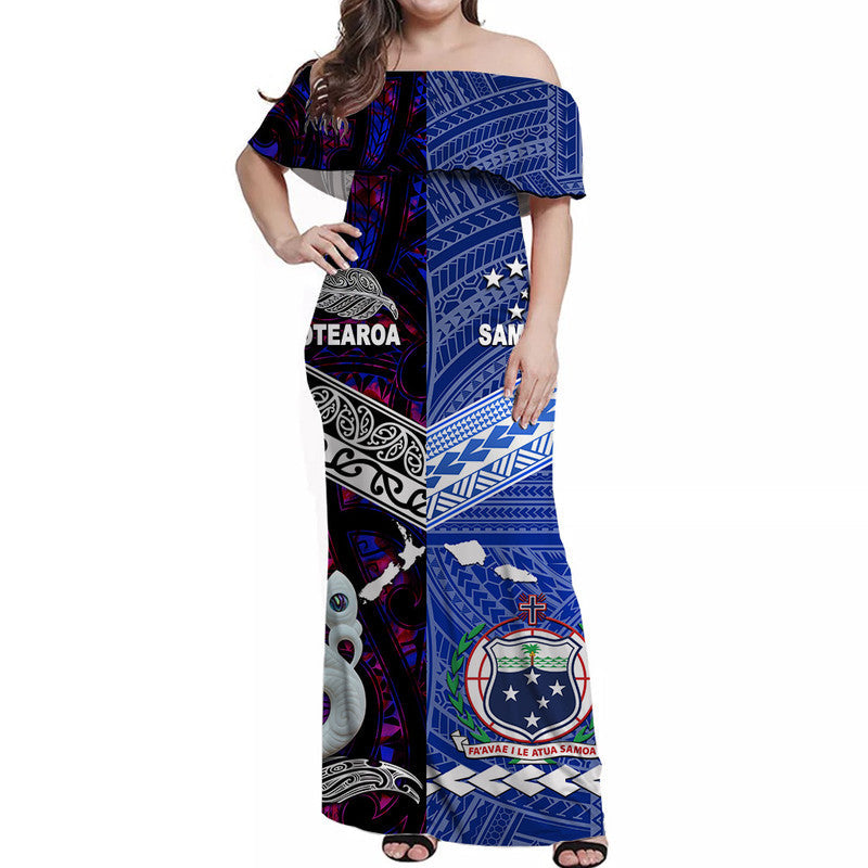 Custom Personalised Samoa And New Zealand Off Shoulder Long Dress Together Purple