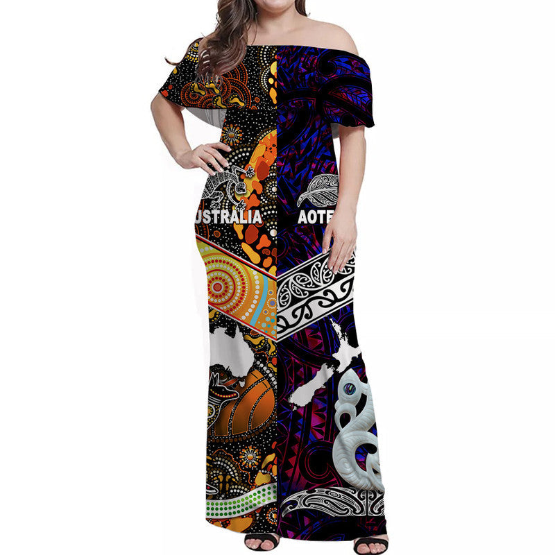 New Zealand Maori Aotearoa And Australia Aboriginal Off Shoulder Long Dress Together Purple