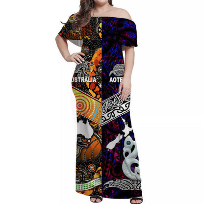 New Zealand Maori Aotearoa And Australia Aboriginal Off Shoulder Long Dress Together Purple