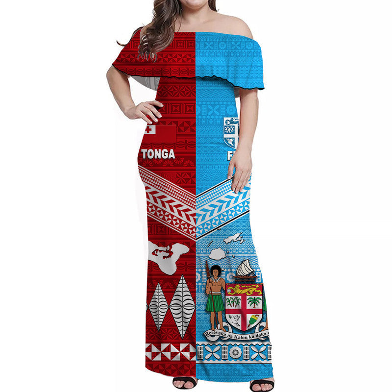 Tonga Ngatu And Fiji Tapa Off Shoulder Long Dress Together