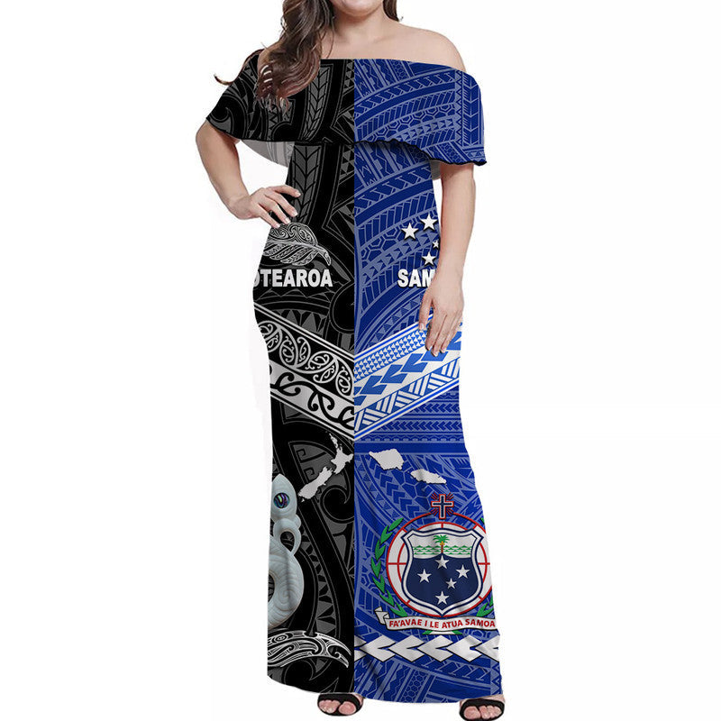 Custom Personalised Samoa And New Zealand Off Shoulder Long Dress Together Black
