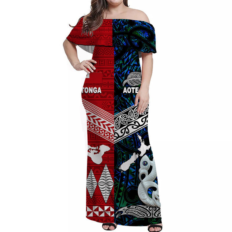 New Zealand And Tonga Off Shoulder Long Dress Together Blue