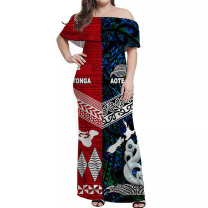 New Zealand And Tonga Off Shoulder Long Dress Together Blue